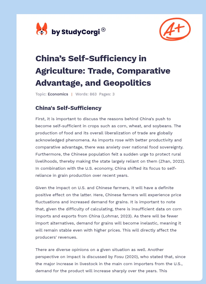 China’s Self-Sufficiency in Agriculture: Trade, Comparative Advantage, and Geopolitics. Page 1