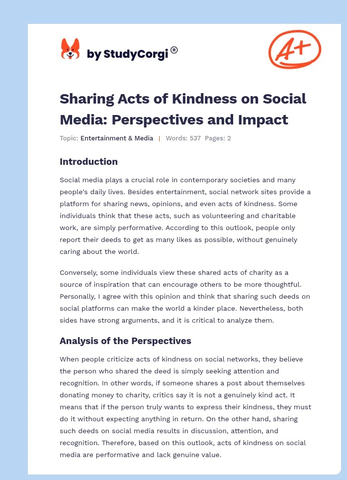 Sharing Acts of Kindness on Social Media: Perspectives and Impact. Page 1