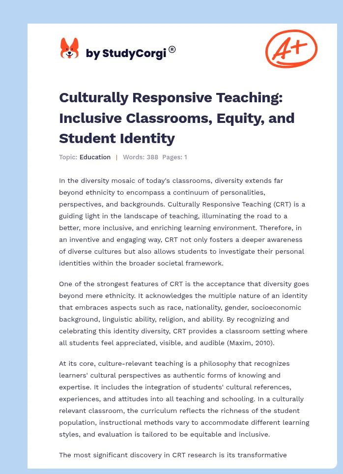 Culturally Responsive Teaching: Inclusive Classrooms, Equity, and Student Identity. Page 1