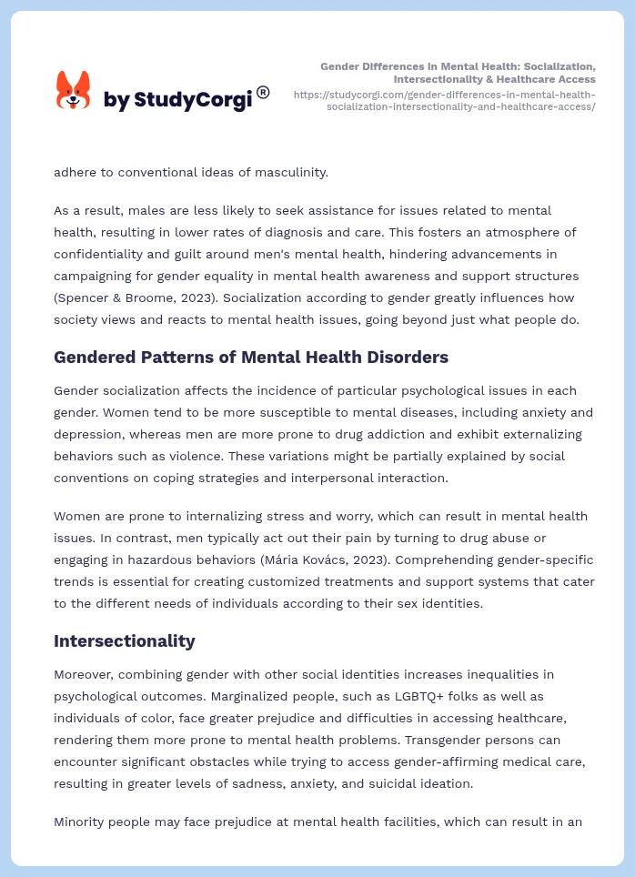Gender Differences in Mental Health: Socialization, Intersectionality & Healthcare Access. Page 2