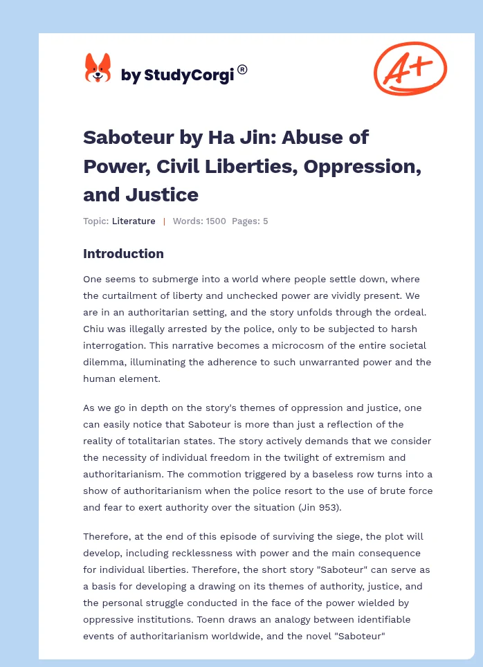Saboteur by Ha Jin: Abuse of Power, Civil Liberties, Oppression, and Justice. Page 1