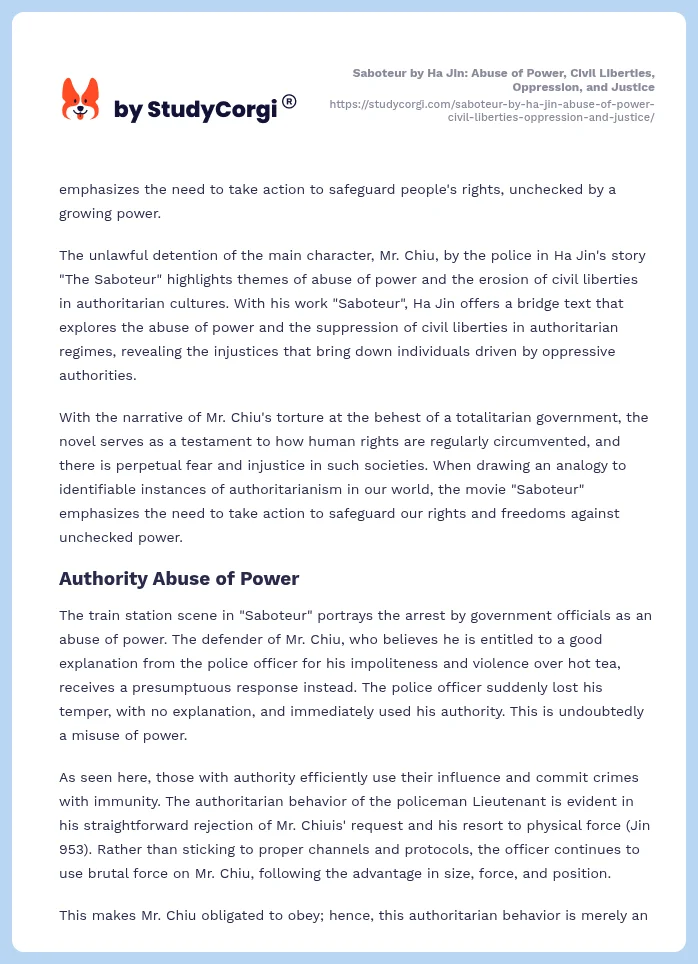 Saboteur by Ha Jin: Abuse of Power, Civil Liberties, Oppression, and Justice. Page 2