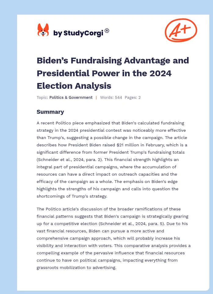 Biden’s Fundraising Advantage and Presidential Power in the 2024 Election Analysis. Page 1