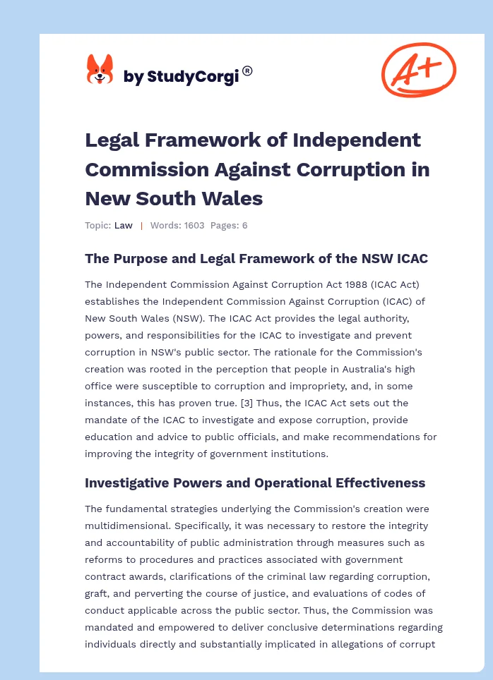 Legal Framework of Independent Commission Against Corruption in New South Wales. Page 1