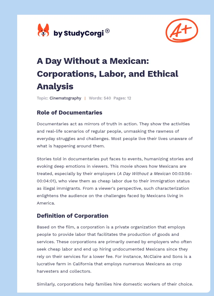 A Day Without a Mexican: Corporations, Labor, and Ethical Analysis. Page 1