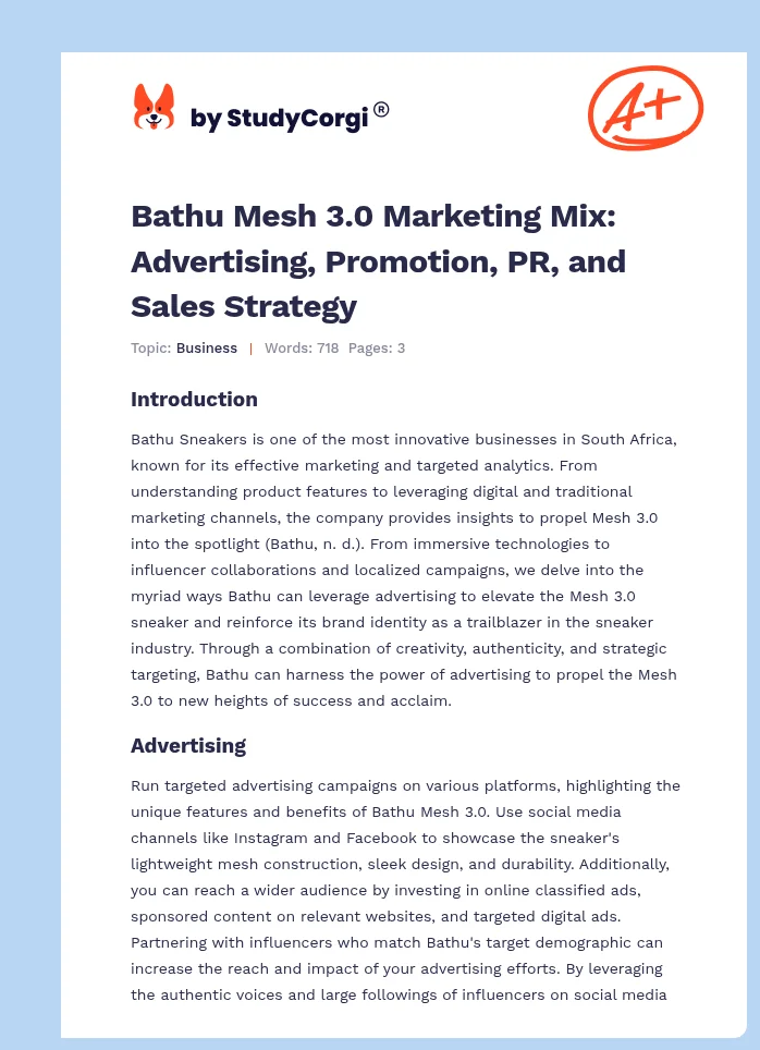 Bathu Mesh 3.0 Marketing Mix: Advertising, Promotion, PR, and Sales Strategy. Page 1