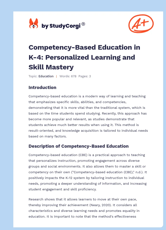 Competency-Based Education in K-4: Personalized Learning and Skill Mastery. Page 1