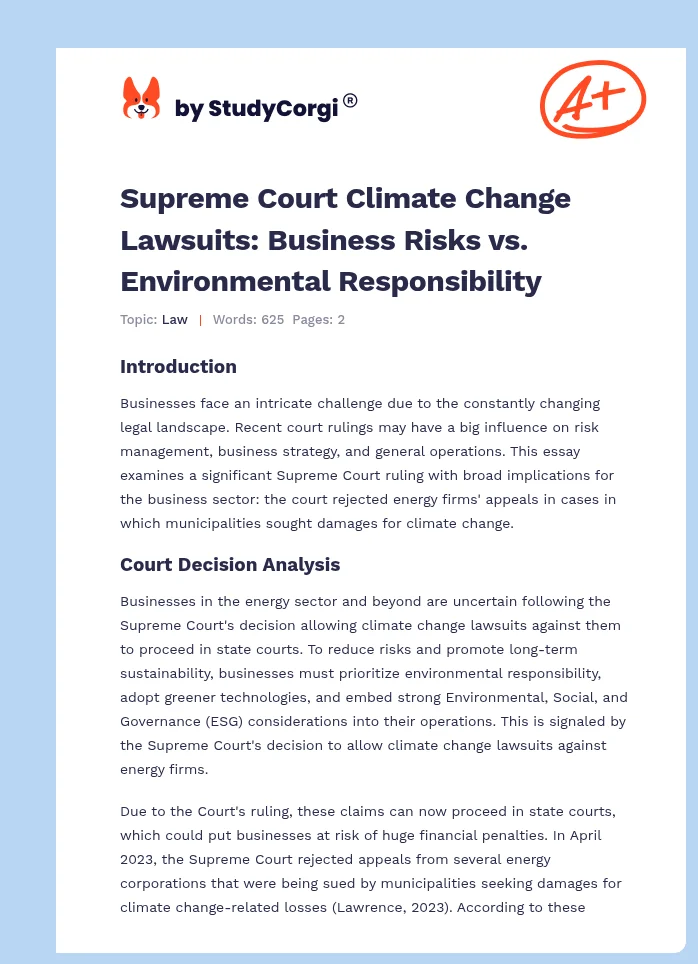 Supreme Court Climate Change Lawsuits: Business Risks vs. Environmental Responsibility. Page 1