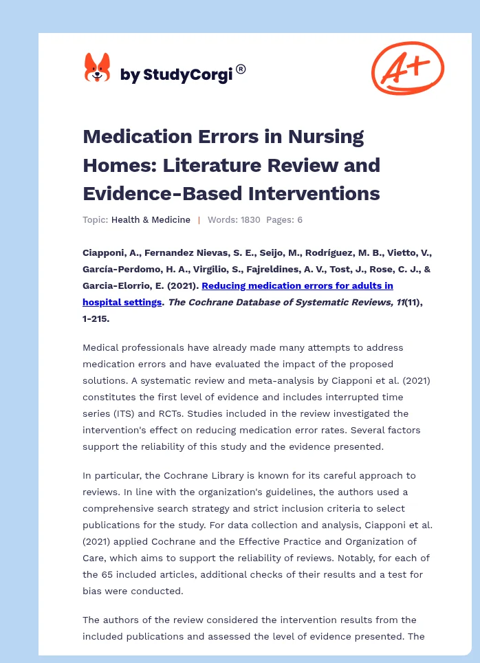 Medication Errors in Nursing Homes: Literature Review and Evidence-Based Interventions. Page 1