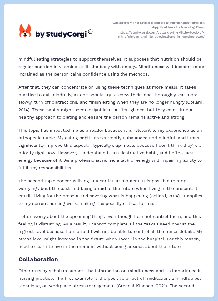 Collard’s “The Little Book of Mindfulness” and Its Applications in Nursing Care. Page 2