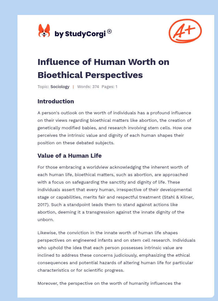 Influence of Human Worth on Bioethical Perspectives. Page 1