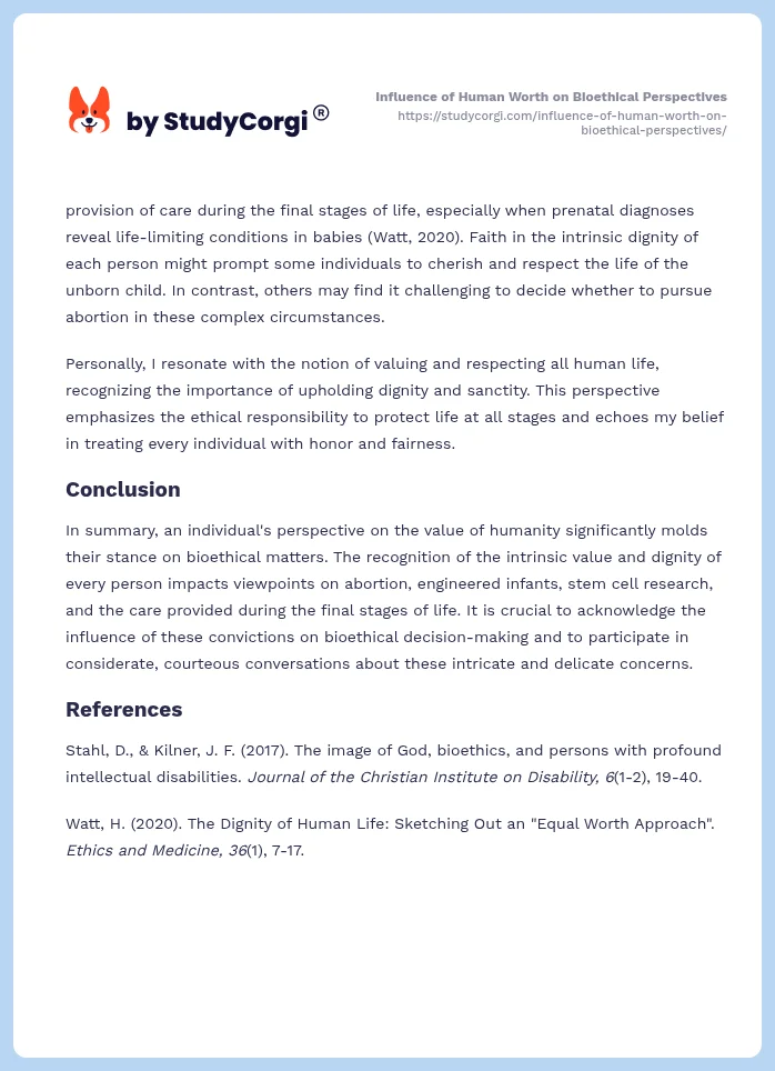 Influence of Human Worth on Bioethical Perspectives. Page 2