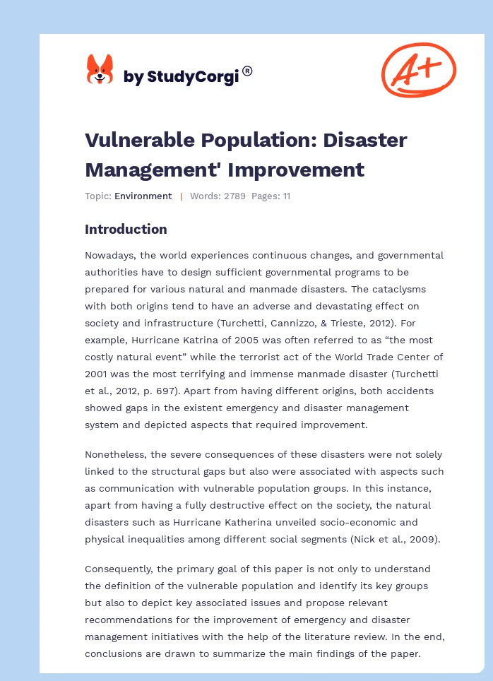 Vulnerable Population: Disaster Management' Improvement. Page 1