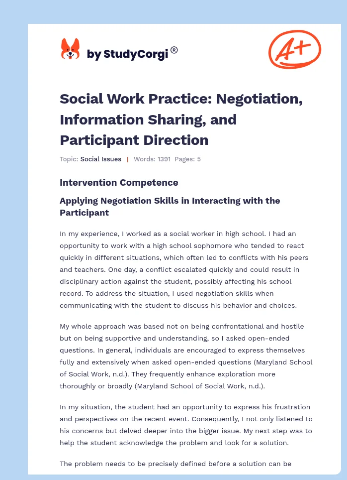 Social Work Practice: Negotiation, Information Sharing, and Participant Direction. Page 1