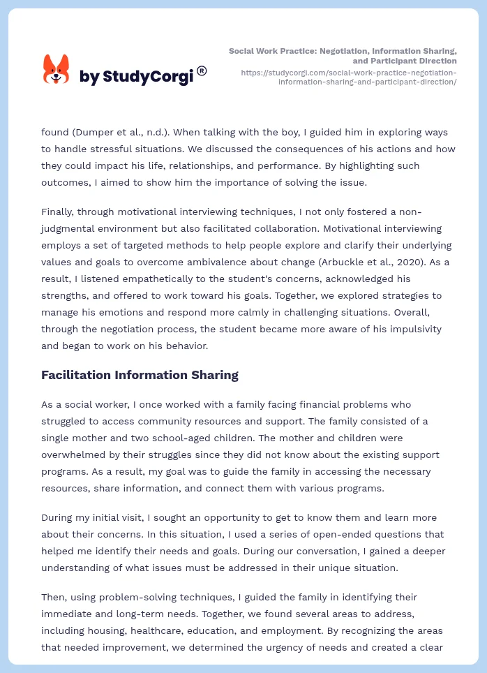 Social Work Practice: Negotiation, Information Sharing, and Participant Direction. Page 2