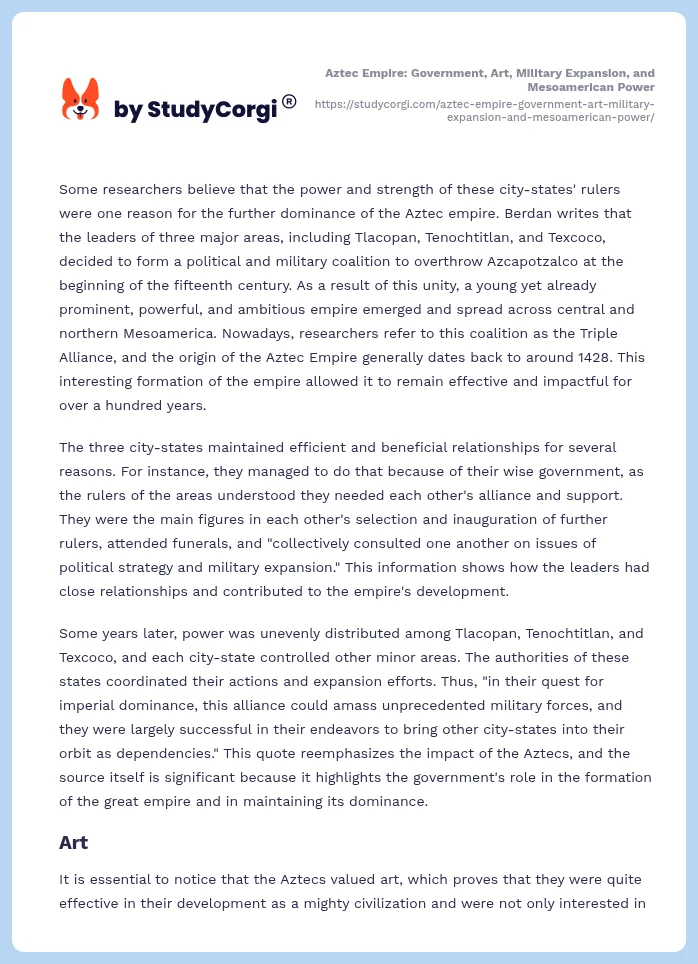 Aztec Empire: Government, Art, Military Expansion, and Mesoamerican Power. Page 2