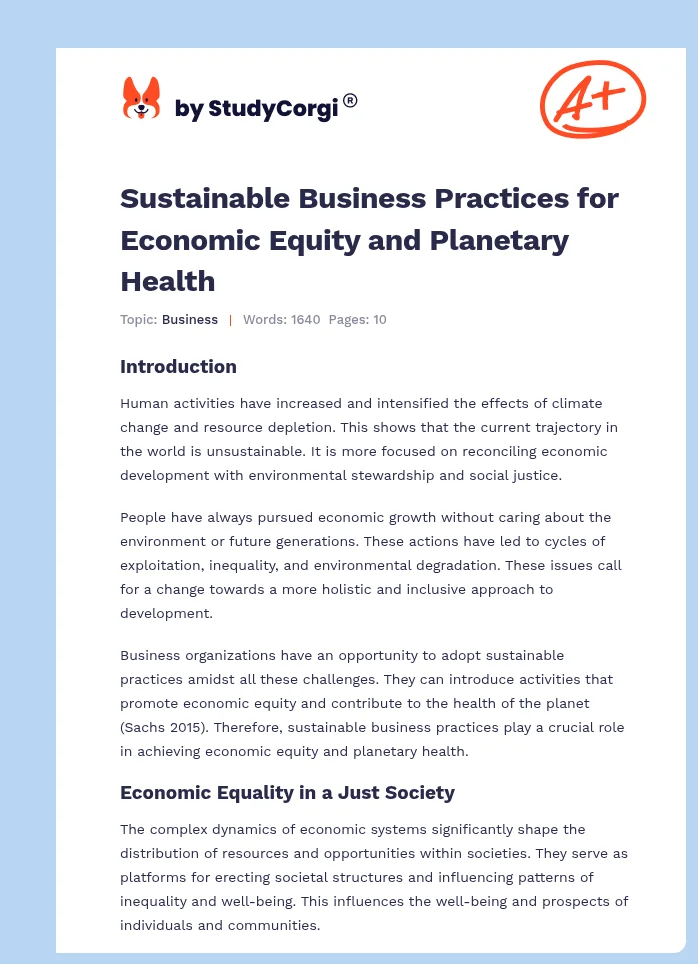 Sustainable Business Practices for Economic Equity and Planetary Health. Page 1