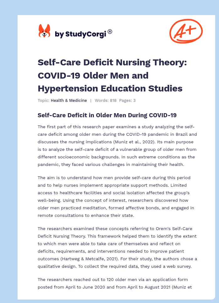 Self-Care Deficit Nursing Theory: COVID-19 Older Men and Hypertension Education Studies. Page 1