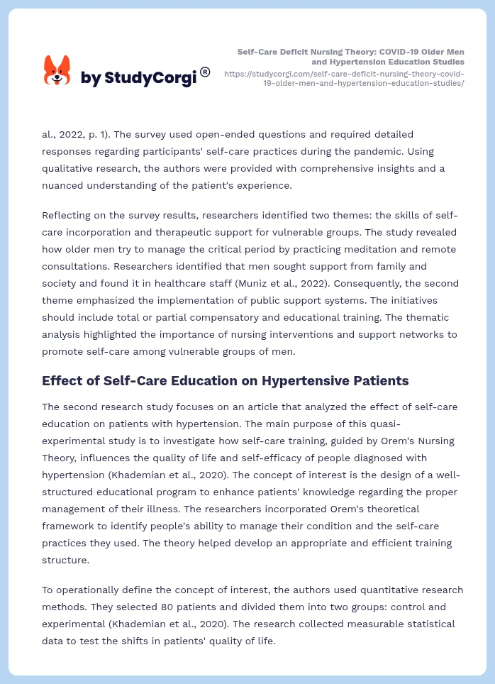 Self-Care Deficit Nursing Theory: COVID-19 Older Men and Hypertension Education Studies. Page 2