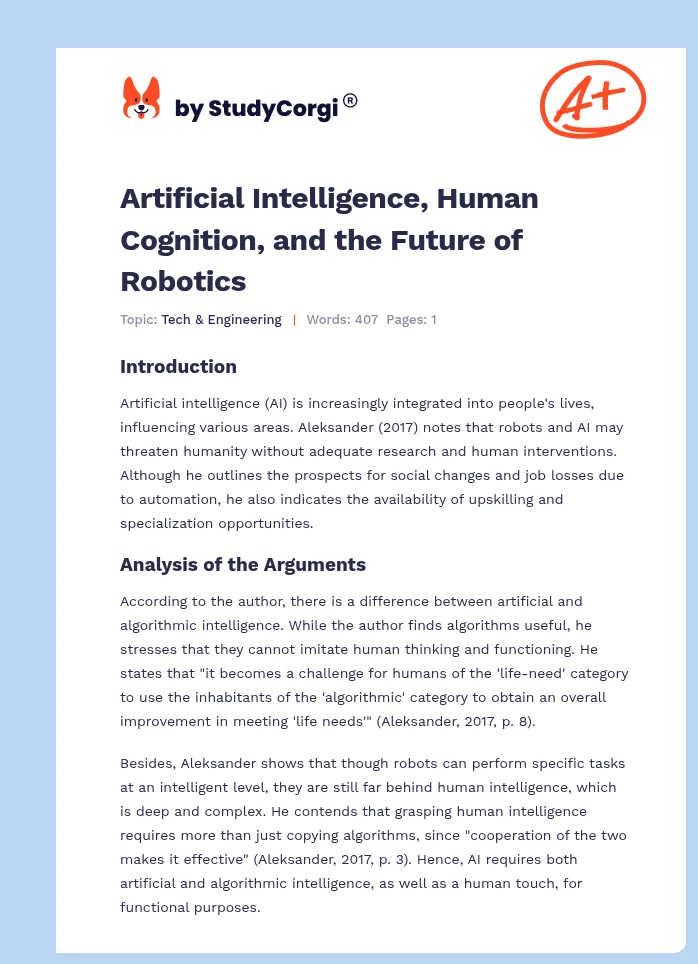 Artificial Intelligence, Human Cognition, and the Future of Robotics. Page 1