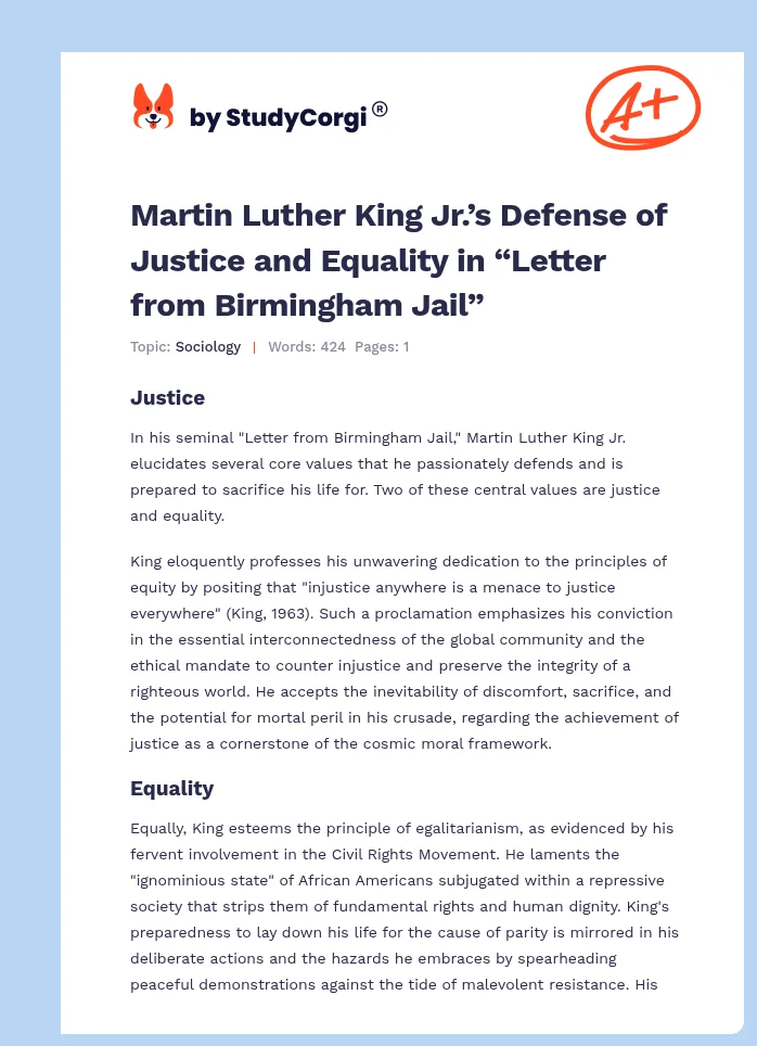 Martin Luther King Jr.’s Defense of Justice and Equality in “Letter from Birmingham Jail”. Page 1