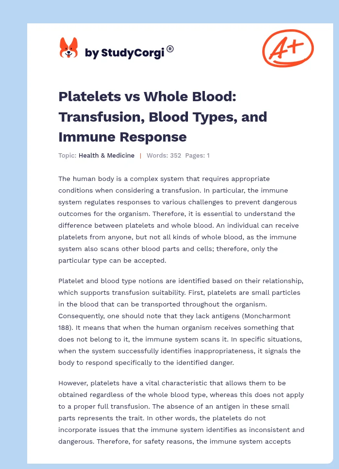 Platelets vs Whole Blood: Transfusion, Blood Types, and Immune Response. Page 1