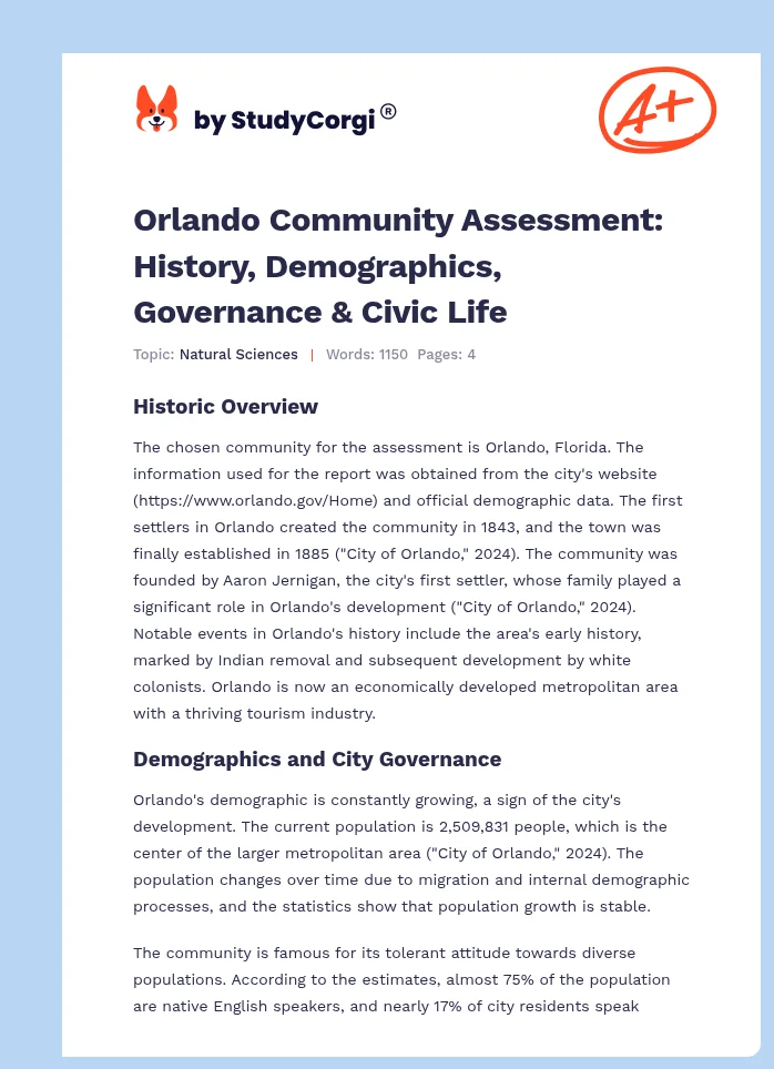 Orlando Community Assessment: History, Demographics, Governance & Civic Life. Page 1