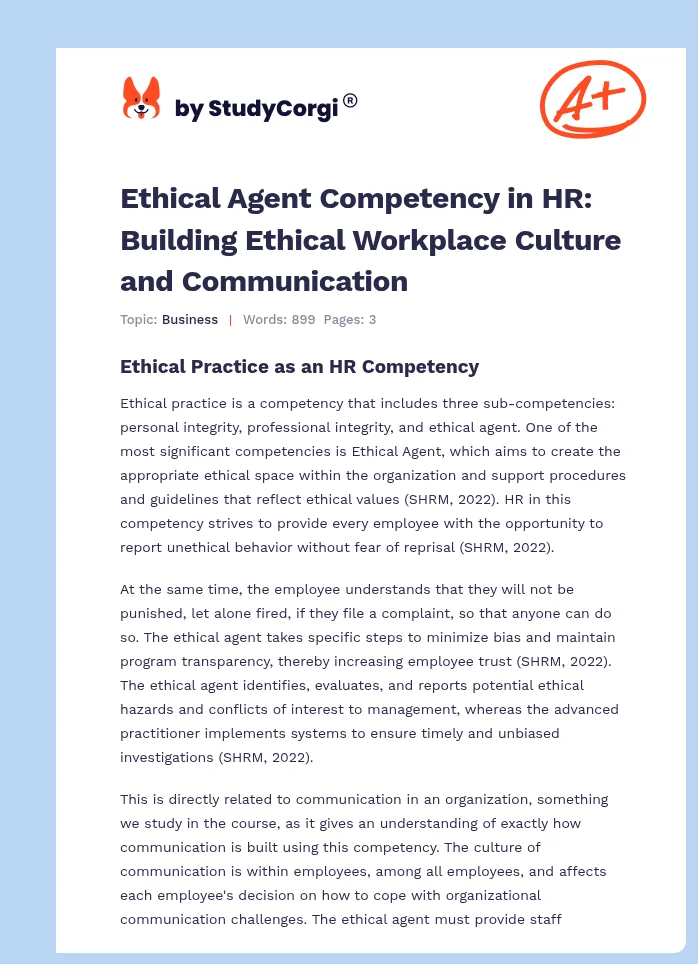 Ethical Agent Competency in HR: Building Ethical Workplace Culture and Communication. Page 1