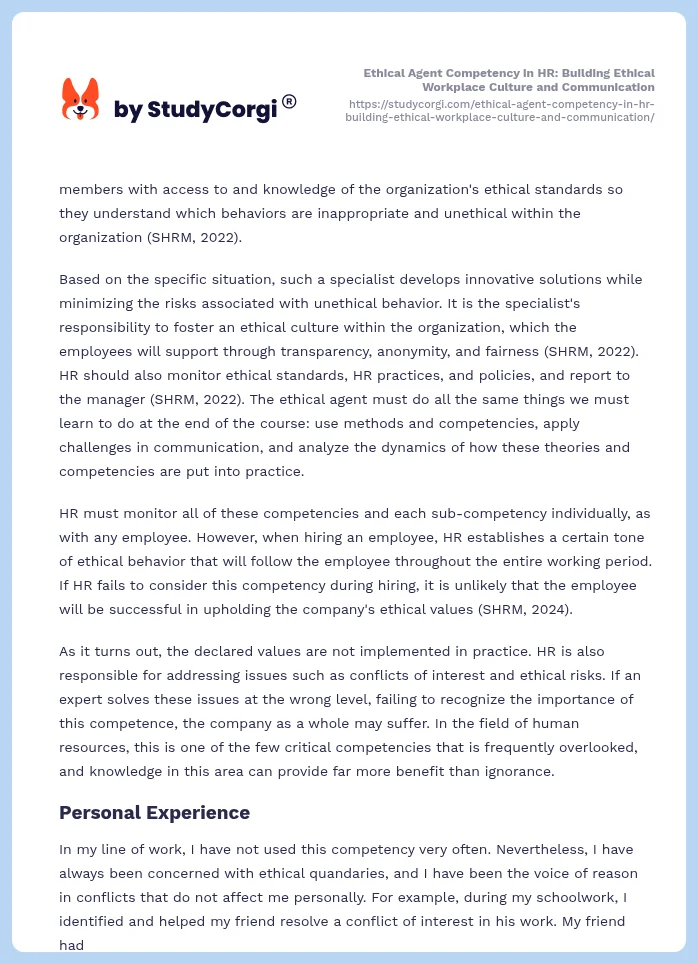 Ethical Agent Competency in HR: Building Ethical Workplace Culture and Communication. Page 2