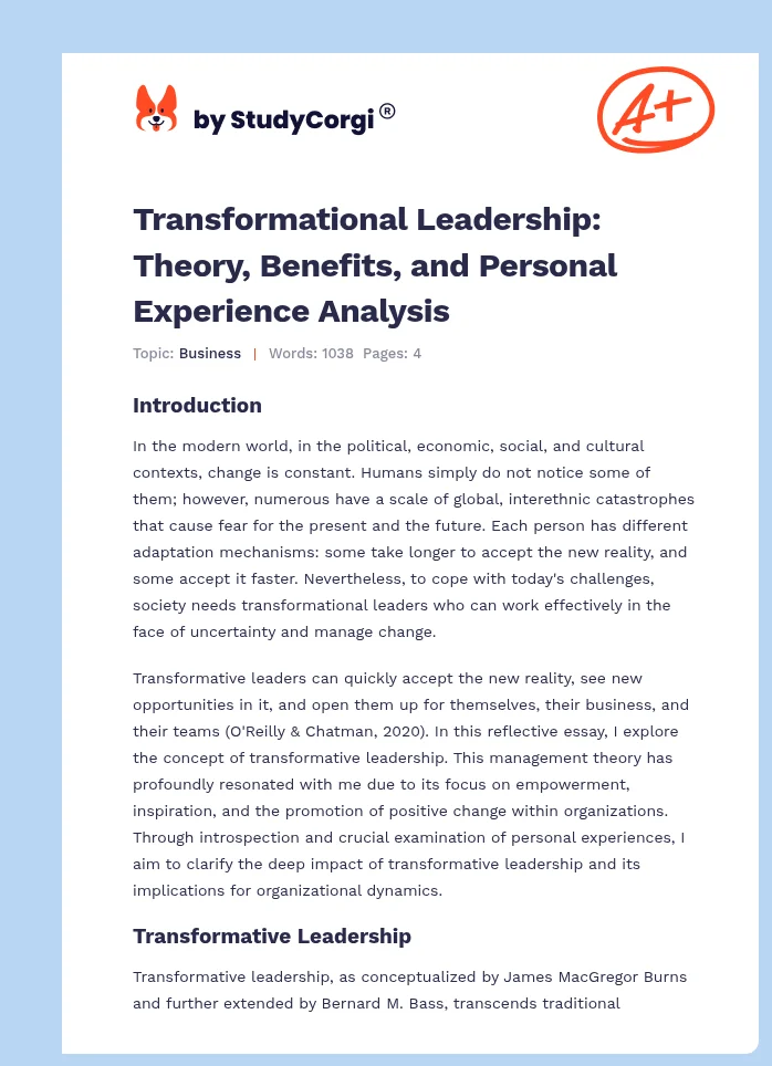 Transformational Leadership: Theory, Benefits, and Personal Experience Analysis. Page 1