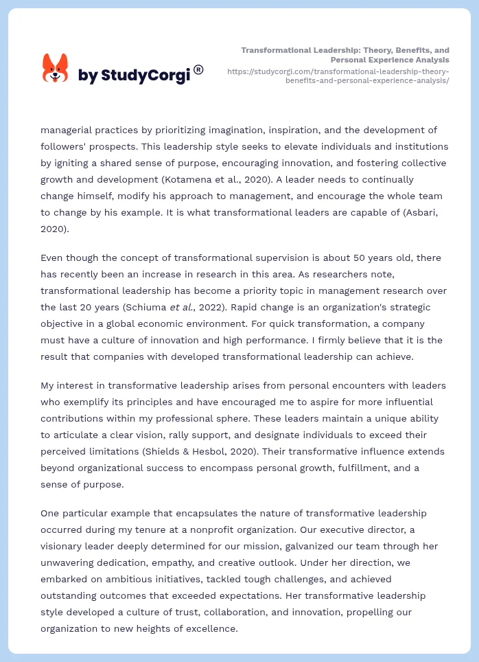 Transformational Leadership: Theory, Benefits, and Personal Experience Analysis. Page 2