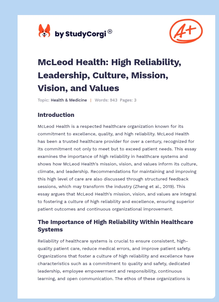 McLeod Health: High Reliability, Leadership, Culture, Mission, Vision, and Values. Page 1