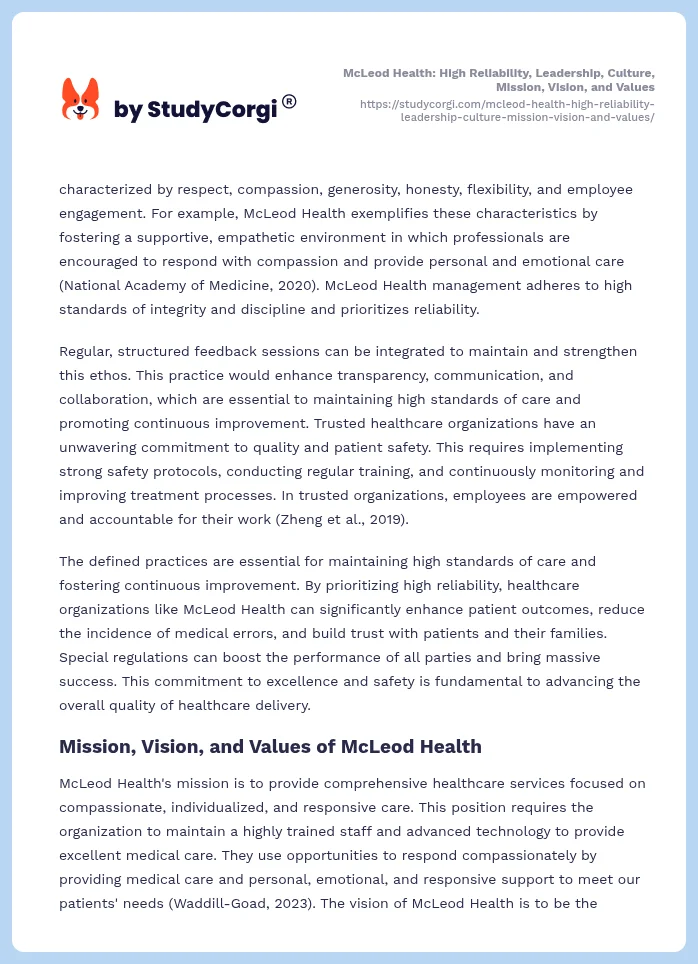 McLeod Health: High Reliability, Leadership, Culture, Mission, Vision, and Values. Page 2