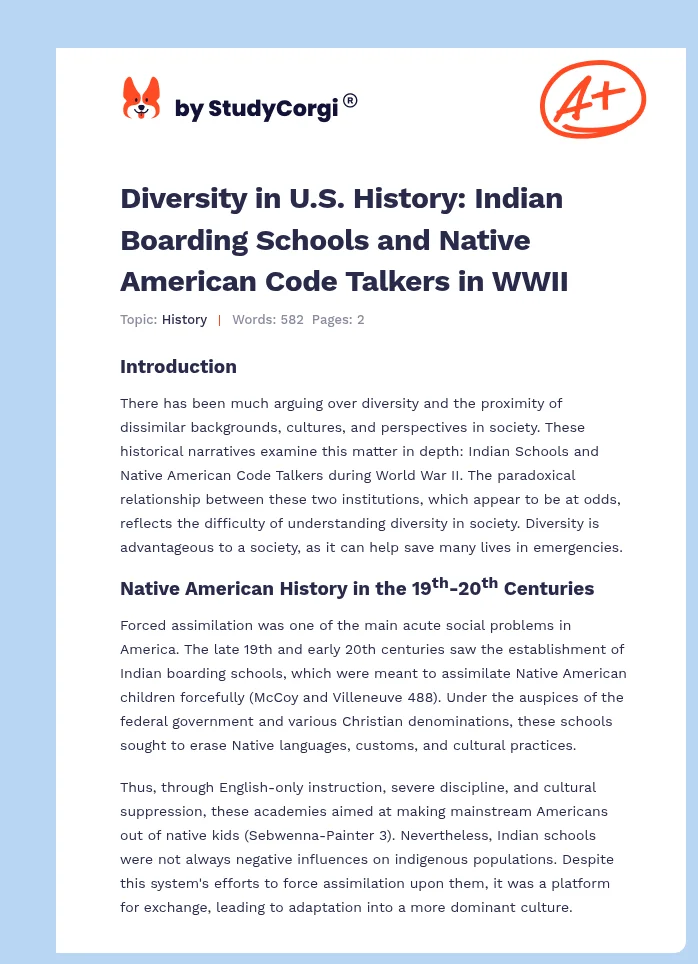 Diversity in U.S. History: Indian Boarding Schools and Native American Code Talkers in WWII. Page 1
