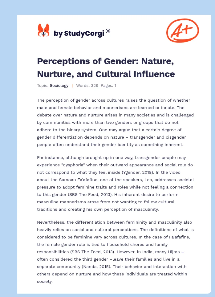 Perceptions of Gender: Nature, Nurture, and Cultural Influence. Page 1