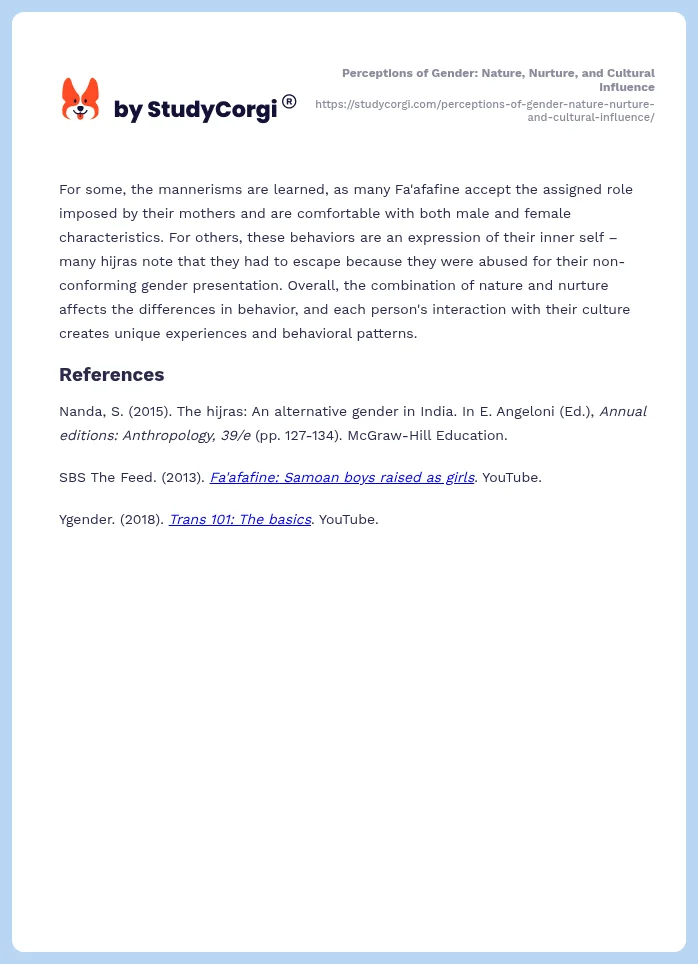 Perceptions of Gender: Nature, Nurture, and Cultural Influence. Page 2