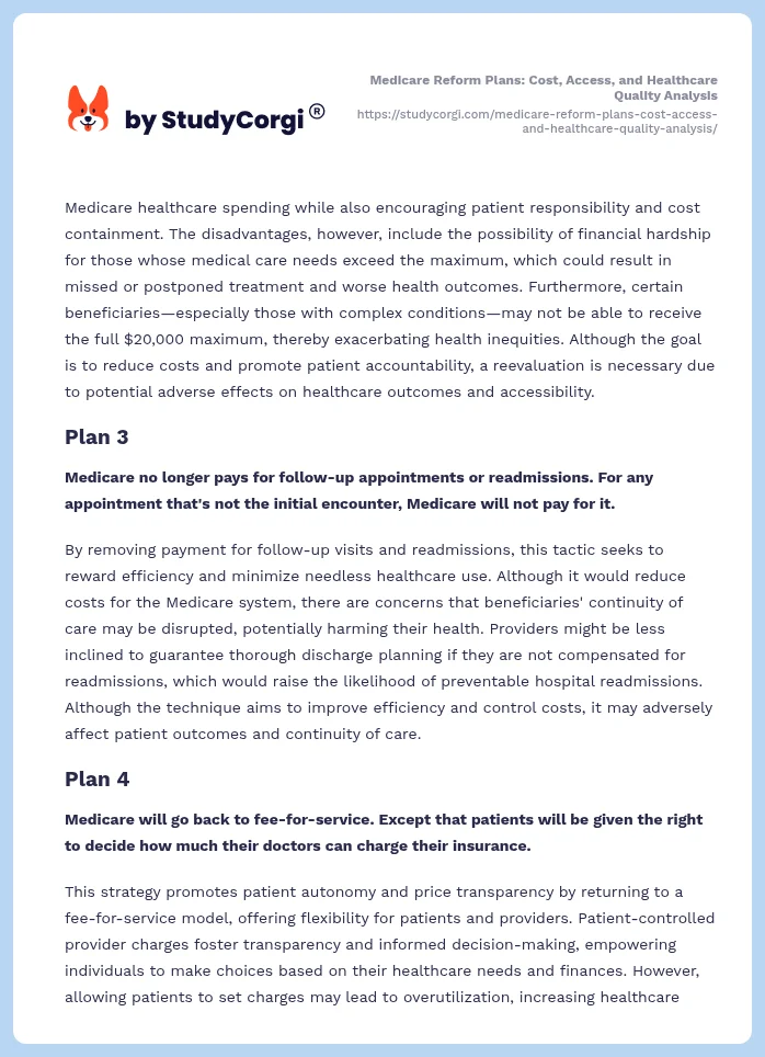 Medicare Reform Plans: Cost, Access, and Healthcare Quality Analysis. Page 2