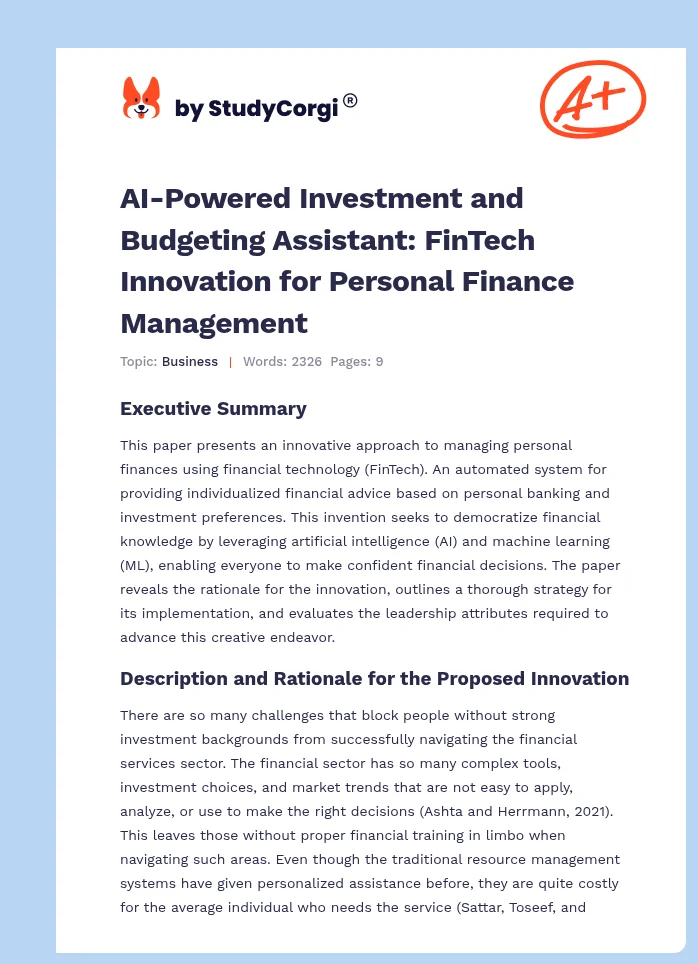 AI-Powered Investment and Budgeting Assistant: FinTech Innovation for Personal Finance Management. Page 1