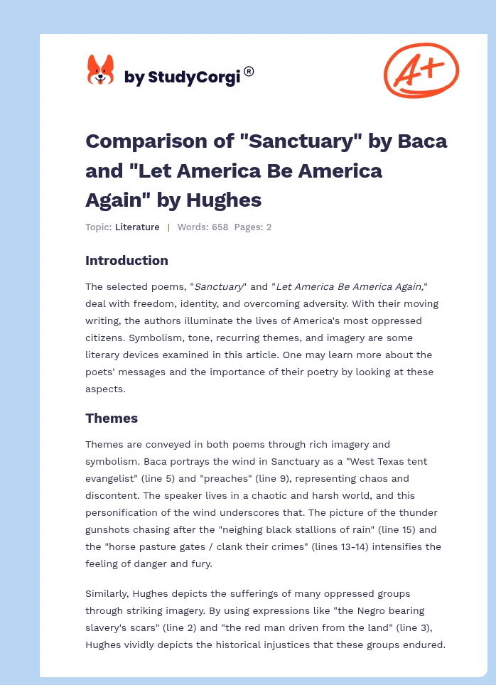 Comparison of "Sanctuary" by Baca and "Let America Be America Again" by Hughes. Page 1