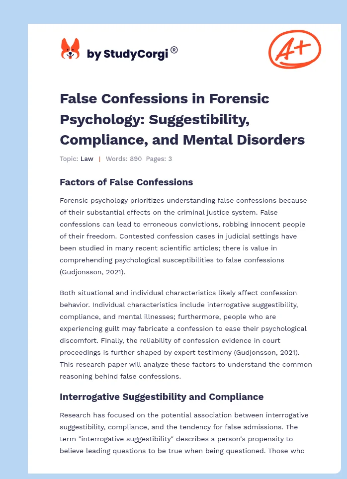 False Confessions in Forensic Psychology: Suggestibility, Compliance, and Mental Disorders. Page 1
