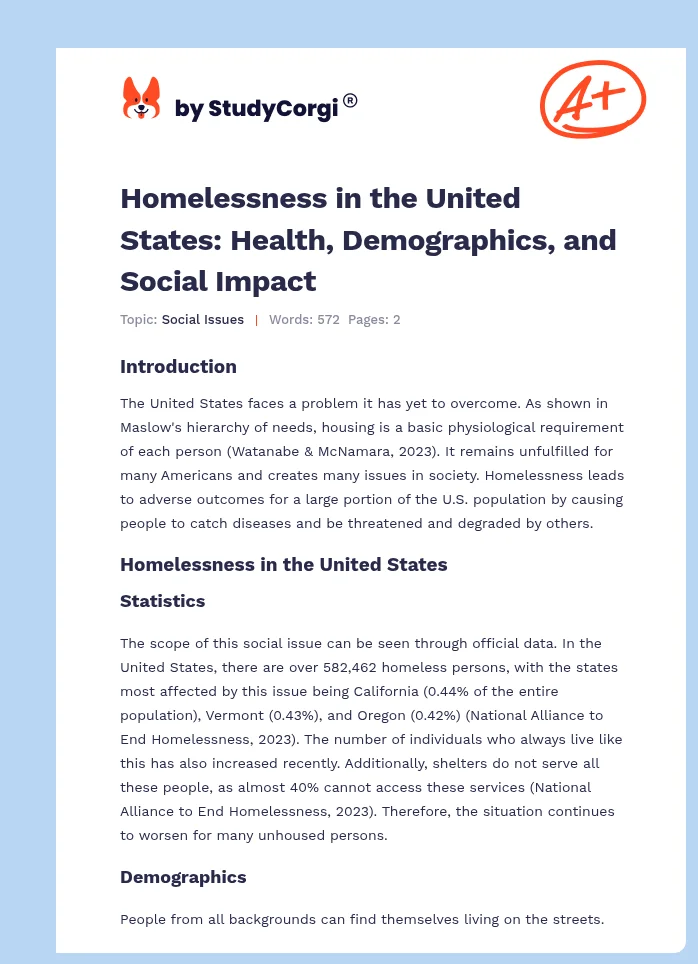Homelessness in the United States: Health, Demographics, and Social Impact. Page 1