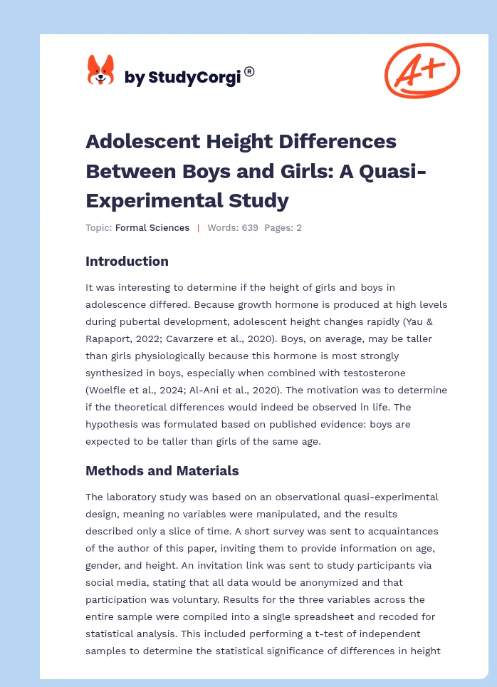 Adolescent Height Differences Between Boys and Girls: A Quasi-Experimental Study. Page 1