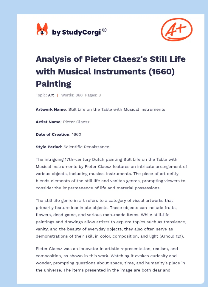 Analysis of Pieter Claesz's Still Life with Musical Instruments (1660) Painting. Page 1