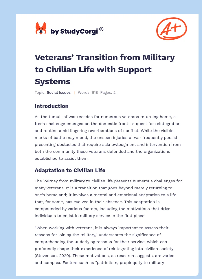 Veterans’ Transition from Military to Civilian Life with Support Systems. Page 1
