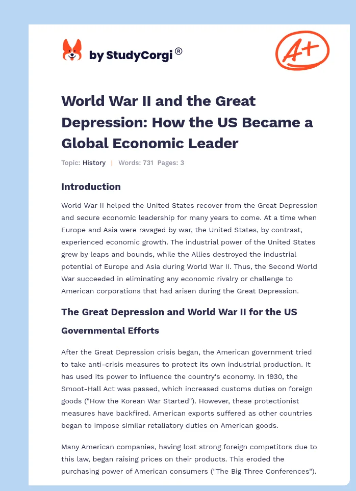 World War II and the Great Depression: How the US Became a Global Economic Leader. Page 1