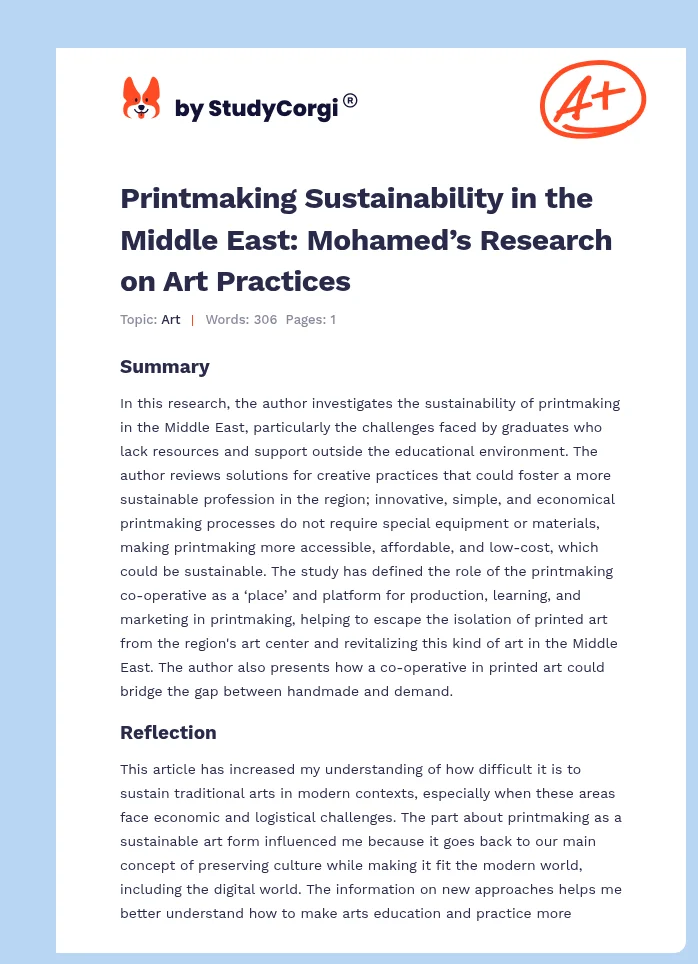 Printmaking Sustainability in the Middle East: Mohamed’s Research on Art Practices. Page 1