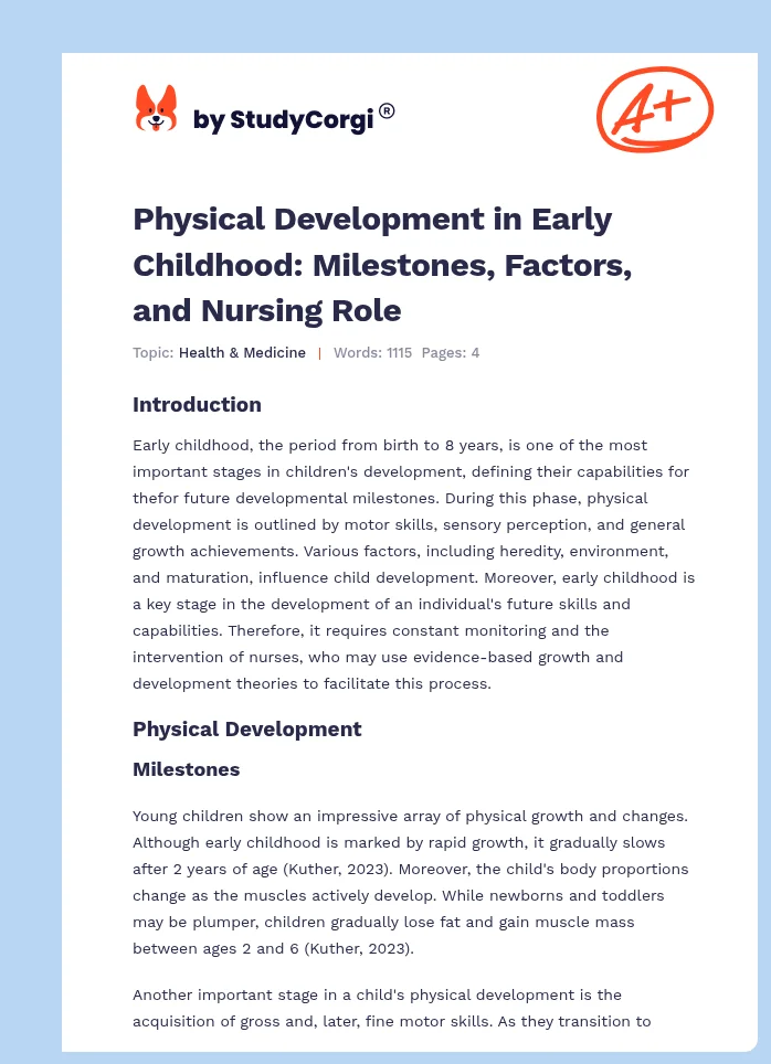 Physical Development in Early Childhood: Milestones, Factors, and Nursing Role. Page 1