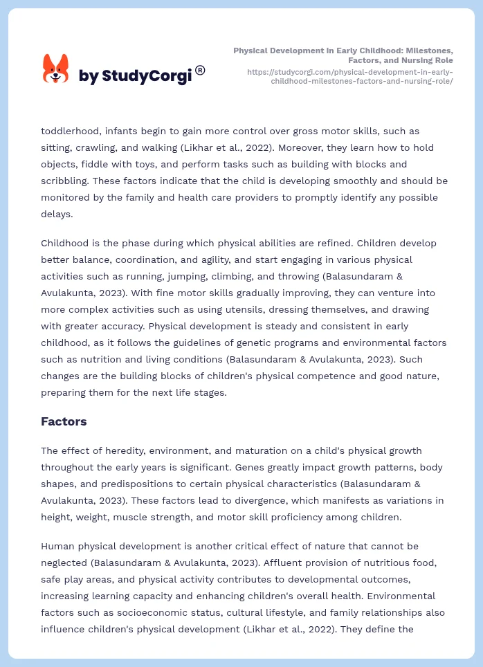 Physical Development in Early Childhood: Milestones, Factors, and Nursing Role. Page 2