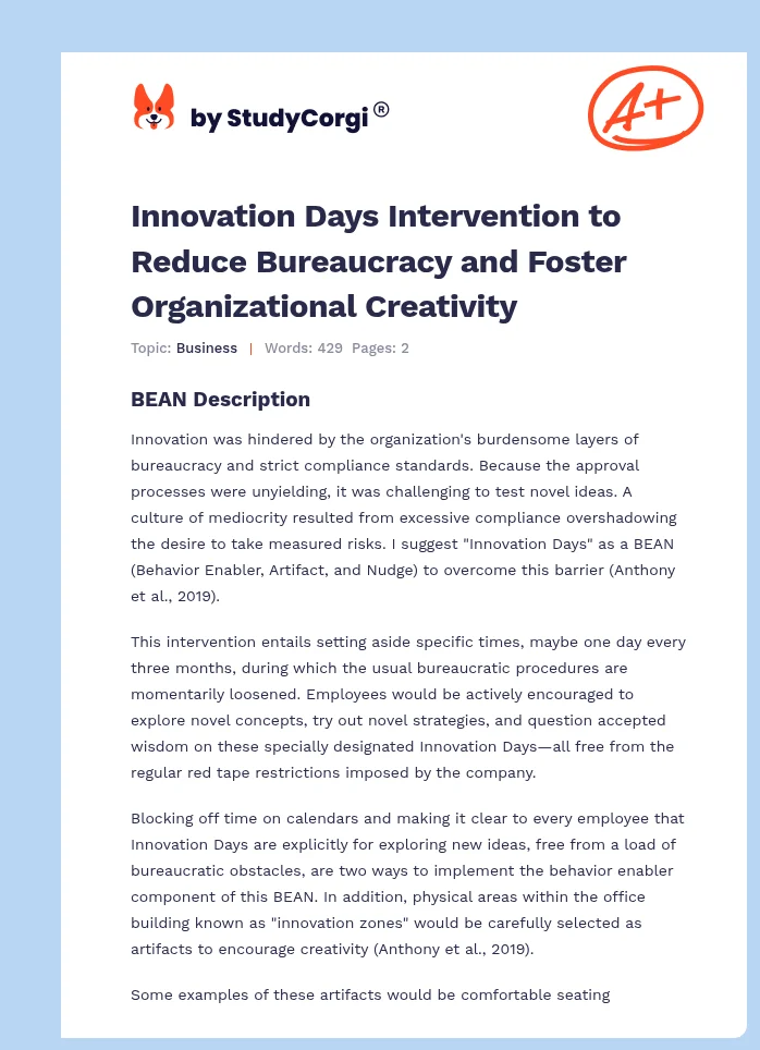 Innovation Days Intervention to Reduce Bureaucracy and Foster Organizational Creativity. Page 1
