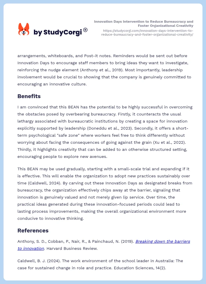 Innovation Days Intervention to Reduce Bureaucracy and Foster Organizational Creativity. Page 2